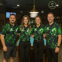Load image into Gallery viewer, Pool team wearing matching green thunder billiard jerseys during tournament play front view.