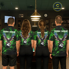 Load image into Gallery viewer, Back view of pool players wearing custom green thunder billiard shirts in a game room