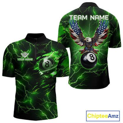 Men’s green thunder lightning billiard quarter zip shirt with patriotic 8 ball artwork.