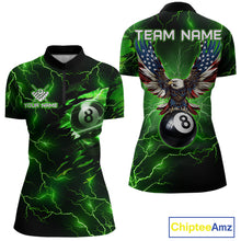 Load image into Gallery viewer, Women’s green thunder lightning billiard quarter zip shirt with patriotic 8 ball artwork.