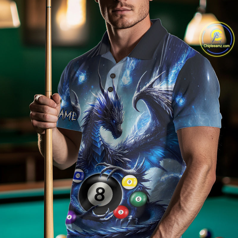 Man wearing a blue dragon 8 ball billiard jersey during pool league play front view.