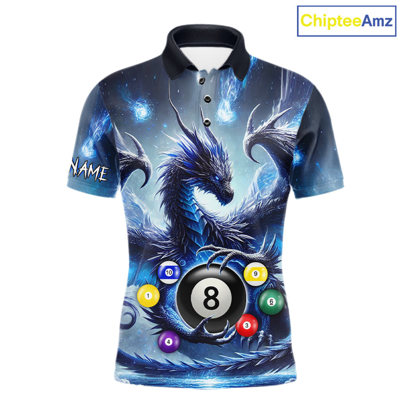 Men’s blue dragon 8 ball billiard polo shirt with custom team style for league players.