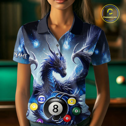 Woman wearing a blue flame smoke eagle skull billiard jersey beside a pool table front view.