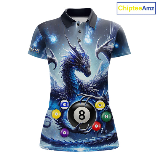 Women’s blue flame smoke eagle skull billiard polo shirt with bold American flag graphics.