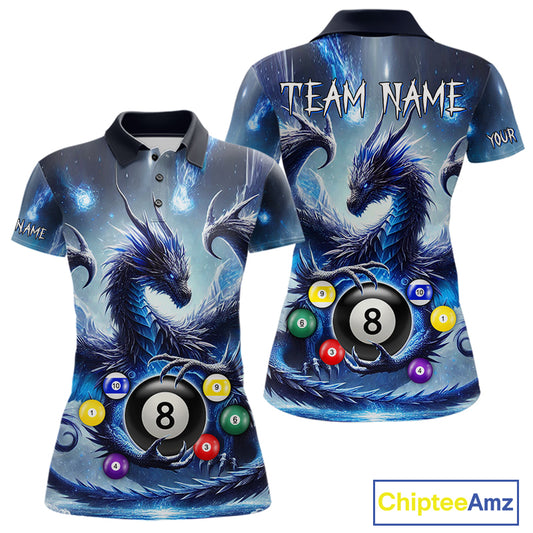 Custom blue flame smoke pool jersey for women with eagle skull artwork and league style.