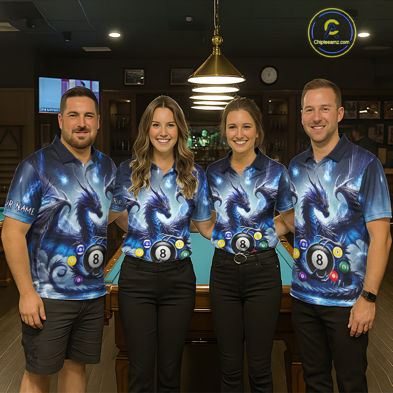 Pool team wearing matching blue dragon billiard jerseys together during tournament play front view.