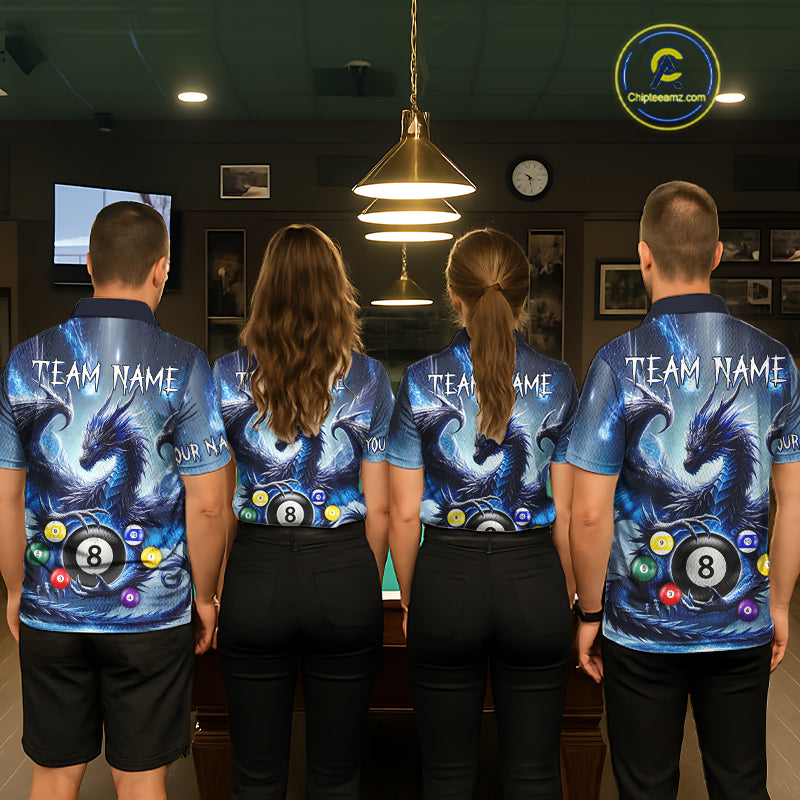 Back view of pool players wearing custom blue dragon billiard shirts in a game room.