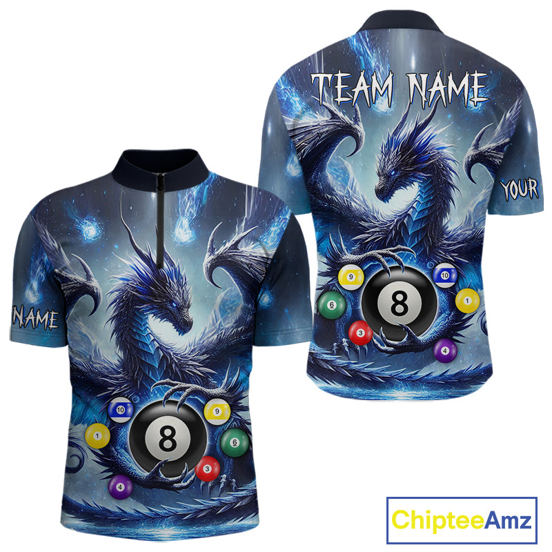 Men’s blue dragon 8 ball billiard quarter zip shirt for tournaments and team matches.