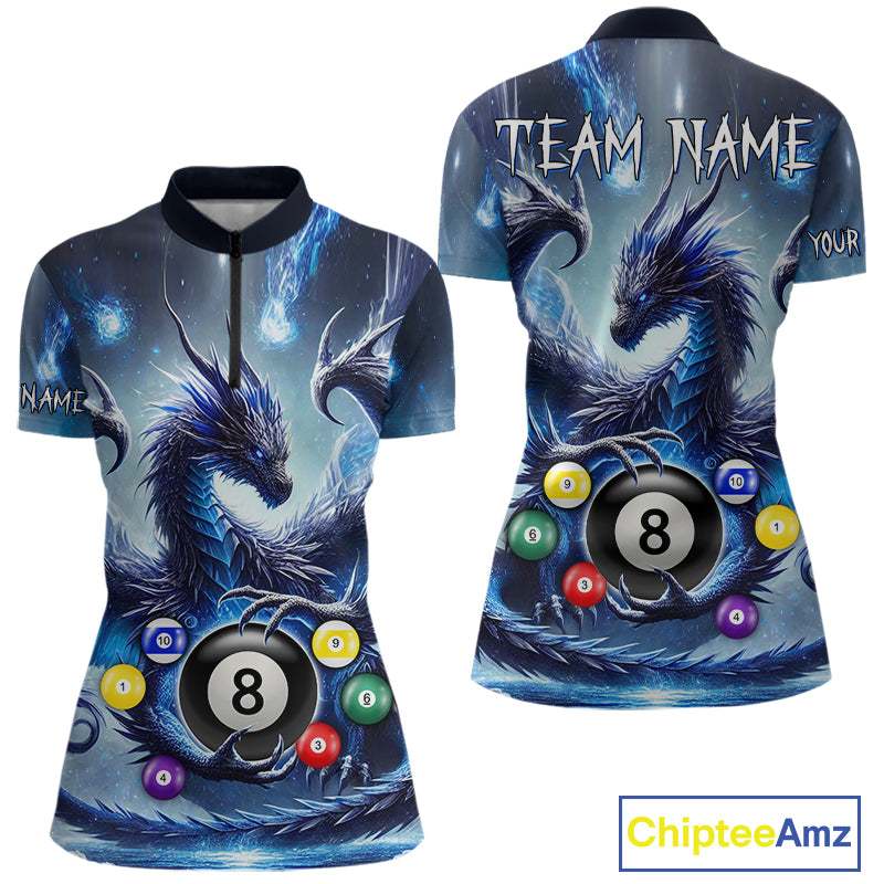 Women’s blue flame smoke eagle skull billiard quarter zip shirt for pool tournament players.