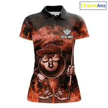 Load image into Gallery viewer, Orange funny 8 ball flame smoke billiard polo shirt for women, custom billiard team jersey uniform.