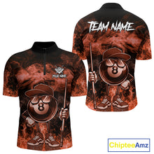 Load image into Gallery viewer, Orange 8 ball flame smoke quarter zip billiard shirt for men, custom pool team jersey.