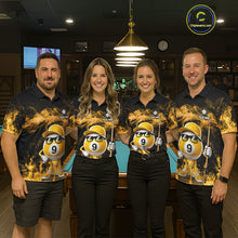Load image into Gallery viewer, Pool team wearing matching yellow 9 ball flame smoke billiard jerseys front view.