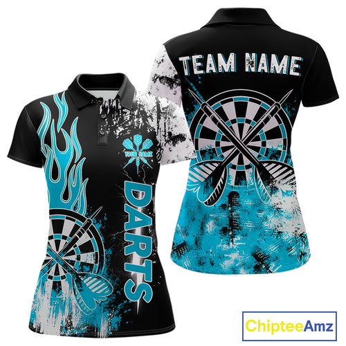 Personalized Blue Grunge Womens Dart Shirts Custom Dart Jerseys Team Polo & 1/4 Zip, Darts Uniform TDM5122
