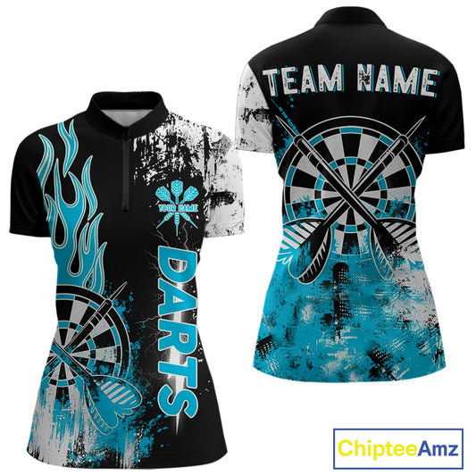Personalized Blue Grunge Womens Dart Shirts Custom Dart Jerseys Team Polo & 1/4 Zip, Darts Uniform TDM5122