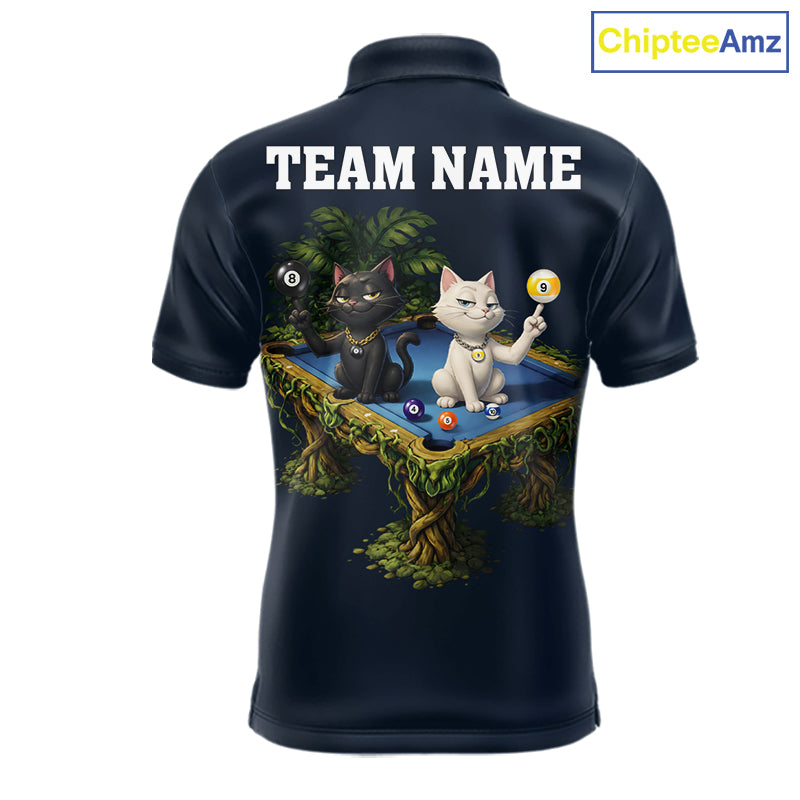 Blue Funny Cat 8 Ball & 9 Ball Billiard Shirt For Men Custom Pool Team Jersey Polo & 1/4 Zip TDM6445