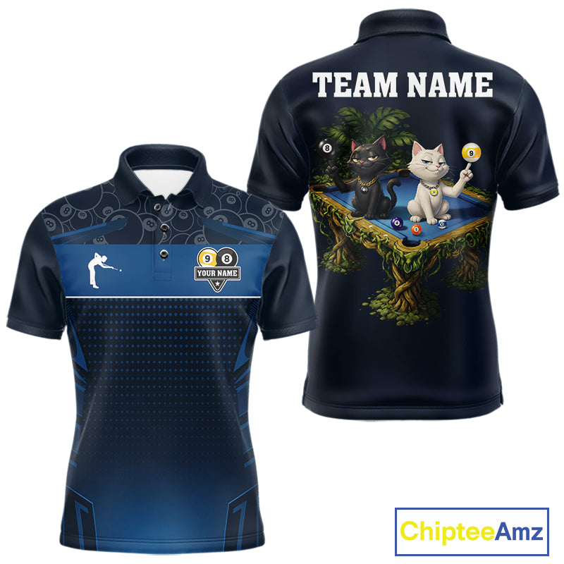 Blue Funny Cat 8 Ball & 9 Ball Billiard Shirt For Men Custom Pool Team Jersey Polo & 1/4 Zip TDM6445