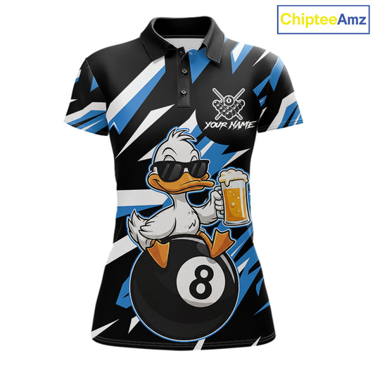 Custom Blue Funny Duck 8 Ball Pool Billiard Shirt For Women, Billiard Team Jersey Polo & 1/4 Zip TDM6450