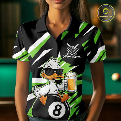 Custom Green Funny Duck 8 Ball Pool Billiard Shirt For Women, Billiard Team Jersey Polo & 1/4 Zip TDM6451