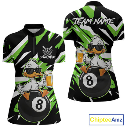 Custom Green Funny Duck 8 Ball Pool Billiard Shirt For Women, Billiard Team Jersey Polo & 1/4 Zip TDM6451