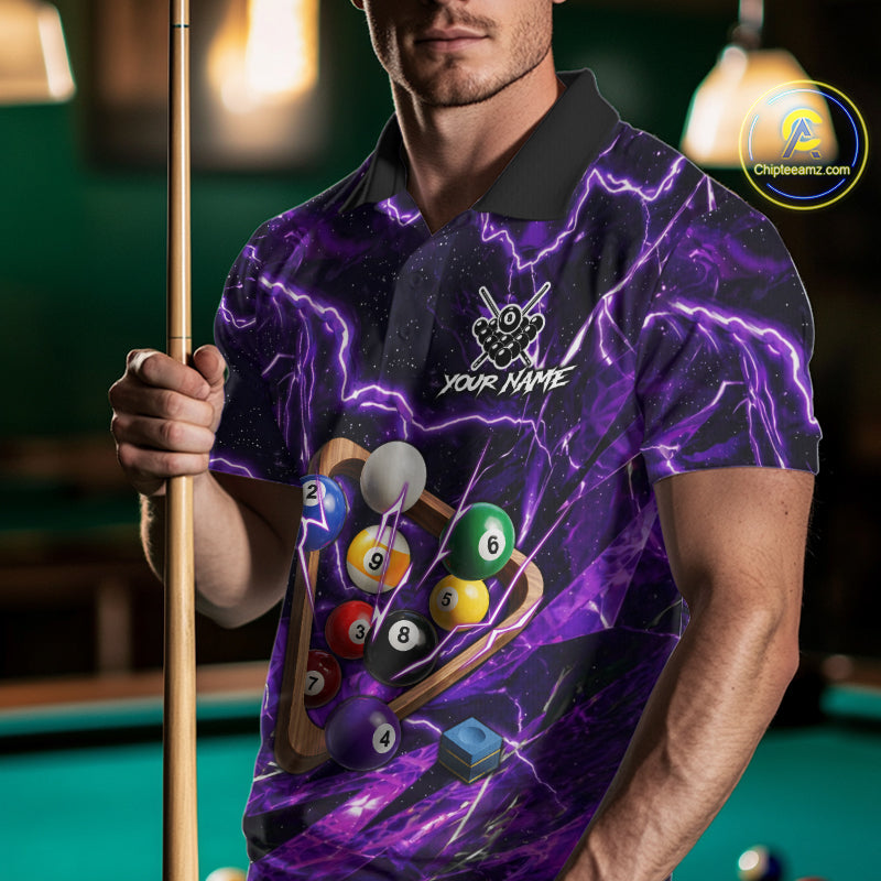 Purple Thunder Lightning Pool Balls Billiard Shirt For Men Custom Billiard Jersey Polo & 1/4 Zip TDM6452