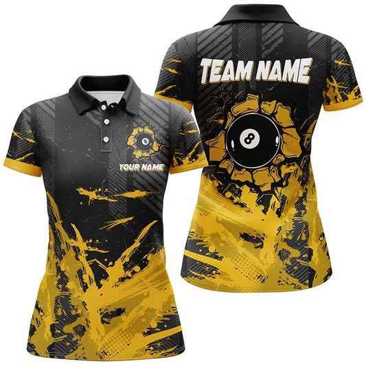 Personalized Yellow Black 8 Ball Pool Paint Billiard Shirts For Women, Billiard Apparel Clothing TDM1934