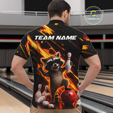 Load image into Gallery viewer, Man wearing funny raccoon flame bowling quarter zip shirt back view.