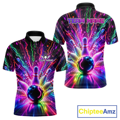 Colorful glowing bowling team polo shirt for men with vibrant neon graphics.