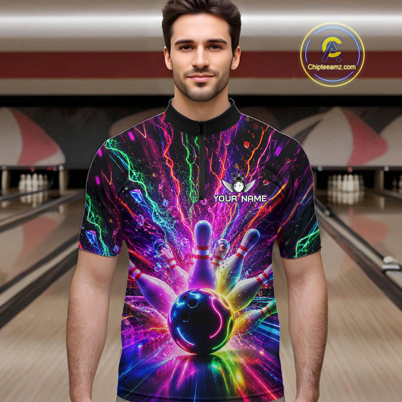 Man wearing colorful glowing bowling quarter zip shirt front view.