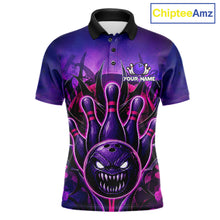 Load image into Gallery viewer, Purple neon monster bowling polo shirt for men, custom bowling league team jersey.