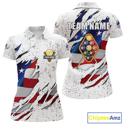 9 Ball Pool US Flag White Grunge Custom Women's Billiard Shirt, Patriotic Billiard Team Jersey TDM5138