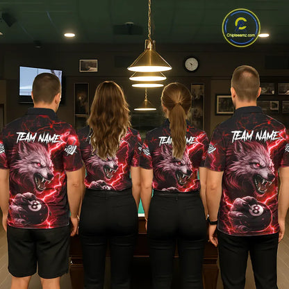Red 8 Ball Pool Wolf Lightning Billiard Shirt For Women Custom Billiard Team Jersey Polo & 1/4 Zip TDM5614