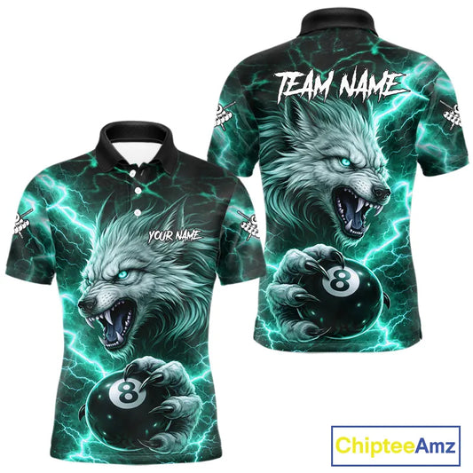 Turquoise 8 Ball Pool Wolf Lightning Billiard Shirt For Men Custom Billiard Jersey Polo & 1/4 Zip TDM5615