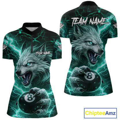 Turquoise 8 Ball Pool Wolf Lightning Billiard Shirt For Women Custom Billiard Jersey Polo & 1/4 Zip TDM5615