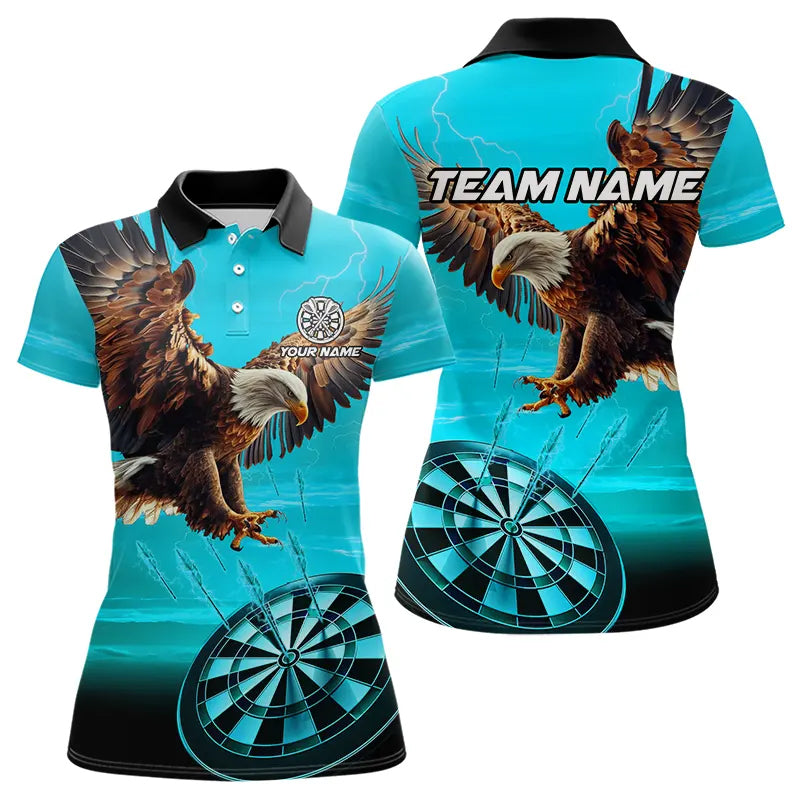 Personalized Cyan Blue Dartboard Eagle Dart Shirts For Women Custom Team Darts Jersey Polo & 1/4 Zip TDM3810