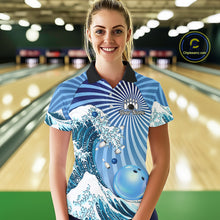 Load image into Gallery viewer, Custom Blue Funny Waves Ocean Bowling Shirt For Women, Bowling Team Jersey Polo &amp; 1/4 Zip TDM6223