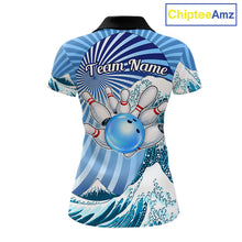 Load image into Gallery viewer, Custom Blue Funny Waves Ocean Bowling Shirt For Women, Bowling Team Jersey Polo &amp; 1/4 Zip TDM6223