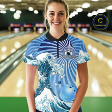 Load image into Gallery viewer, Custom Blue Funny Waves Ocean Bowling Shirt For Women, Bowling Team Jersey Polo &amp; 1/4 Zip TDM6223