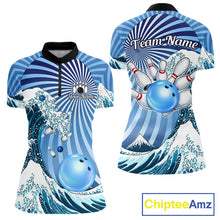 Load image into Gallery viewer, Custom Blue Funny Waves Ocean Bowling Shirt For Women, Bowling Team Jersey Polo &amp; 1/4 Zip TDM6223
