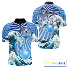Load image into Gallery viewer, Custom Blue Funny Waves Ocean Bowling Shirt For Men, Bowling Team Jersey Polo &amp; 1/4 Zip TDM6223