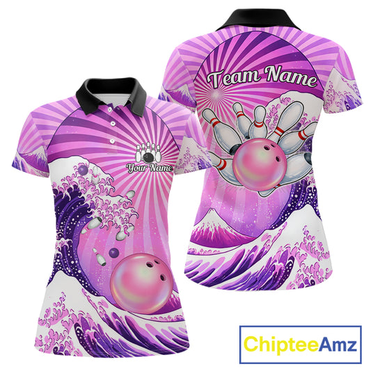 Pink And Purple Funny Waves Ocean Bowling Shirt For Women Custom Bowling Jersey Polo & 1/4 Zip TDM6224