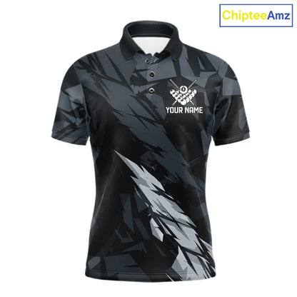Men’s black and grey 8 ball pool polo shirt with modern billiard league graphics.