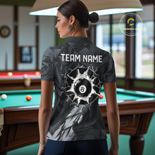 Load image into Gallery viewer, Back view of woman wearing a black and grey pool team shirt in a billiards hall.