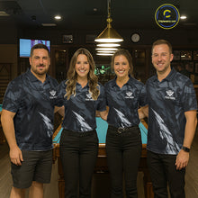 Load image into Gallery viewer, Pool team wearing matching black and grey billiard jerseys during league play front view.