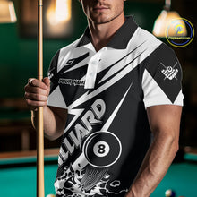 Load image into Gallery viewer, Man wearing a funny black and white 8 ball billiard jersey beside a pool table front view.