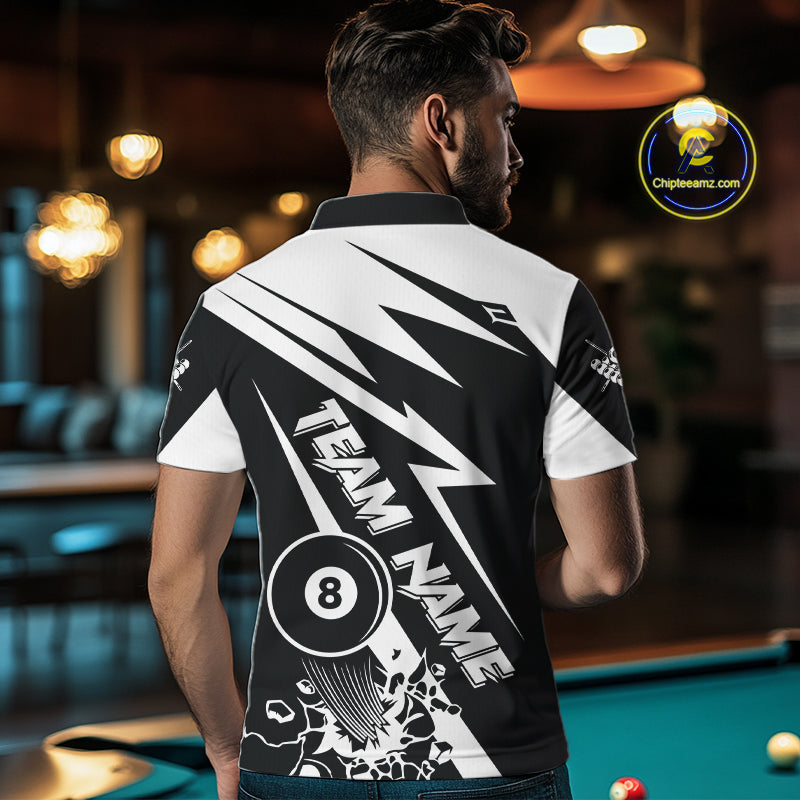 Back view of man wearing a funny 8 ball pool team shirt in a billiards hall.