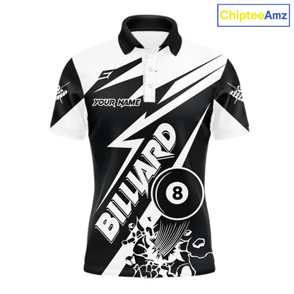 Men’s funny black and white 8 ball pool polo shirt with playful billiard team graphics.
