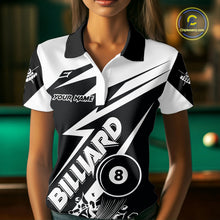 Load image into Gallery viewer, Woman wearing a funny black and white 8 ball billiard jersey beside a pool table front view.