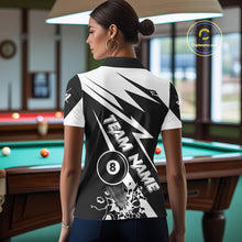 Load image into Gallery viewer, Back view of woman wearing a funny 8 ball pool team shirt in a billiards hall.
