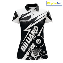 Load image into Gallery viewer, Women’s funny black and white 8 ball pool polo shirt with playful billiard team graphics.