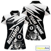 Load image into Gallery viewer, Women’s funny black and white 8 ball pool polo shirt with playful billiard team graphics.